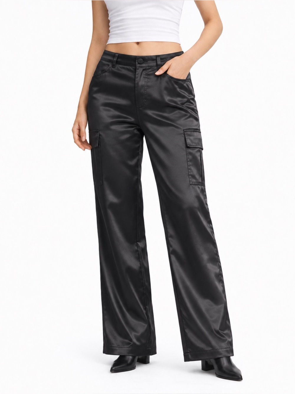 Satin Wide-Leg Cargo Pants - Black